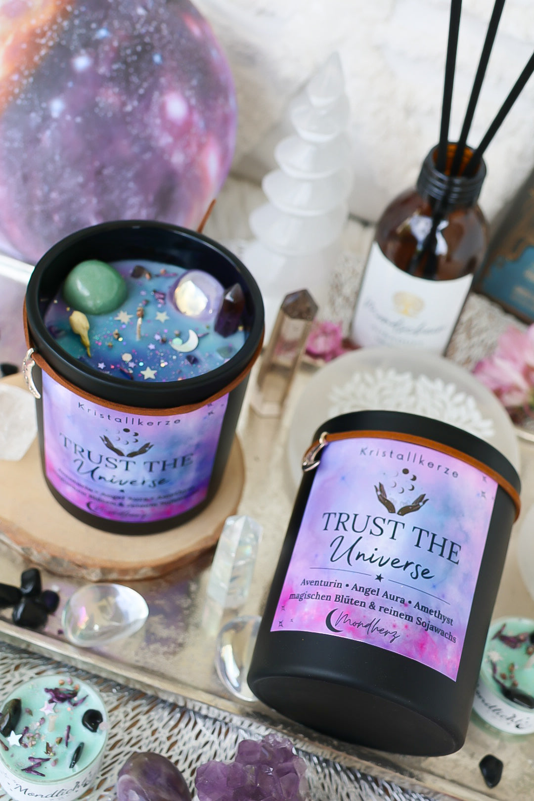 Kristallkerze Trust the Universe mit Aventurin, Angel Aura & Amethyst
