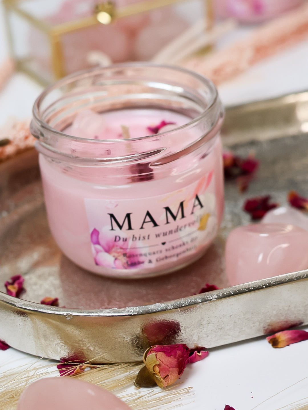 Kristallkerze Mama du bist wundervoll mit Rosenquarz