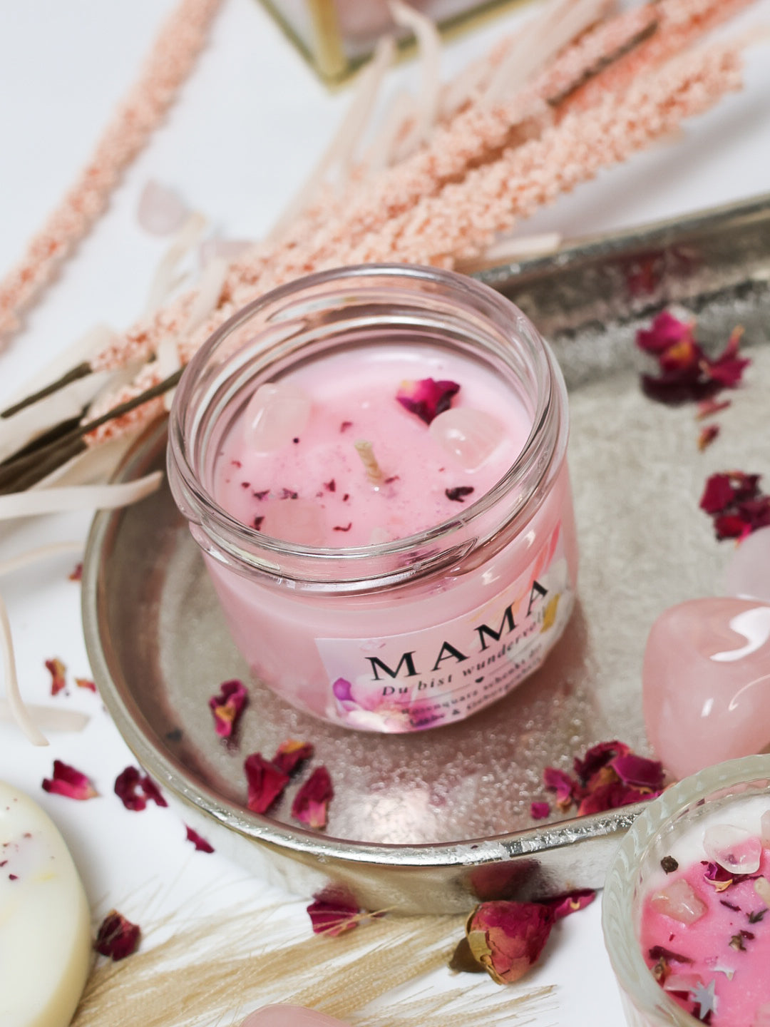 Kristallkerze MAMA du bist wundervoll mit Rosenquarz