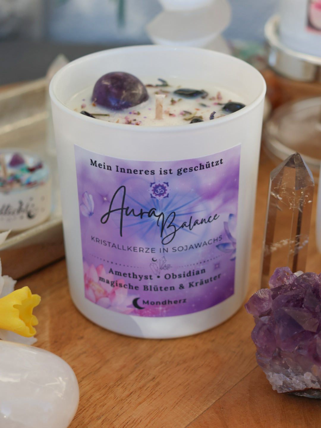 Kristallkerze Aura Balance mit Amethyst & Obsidian