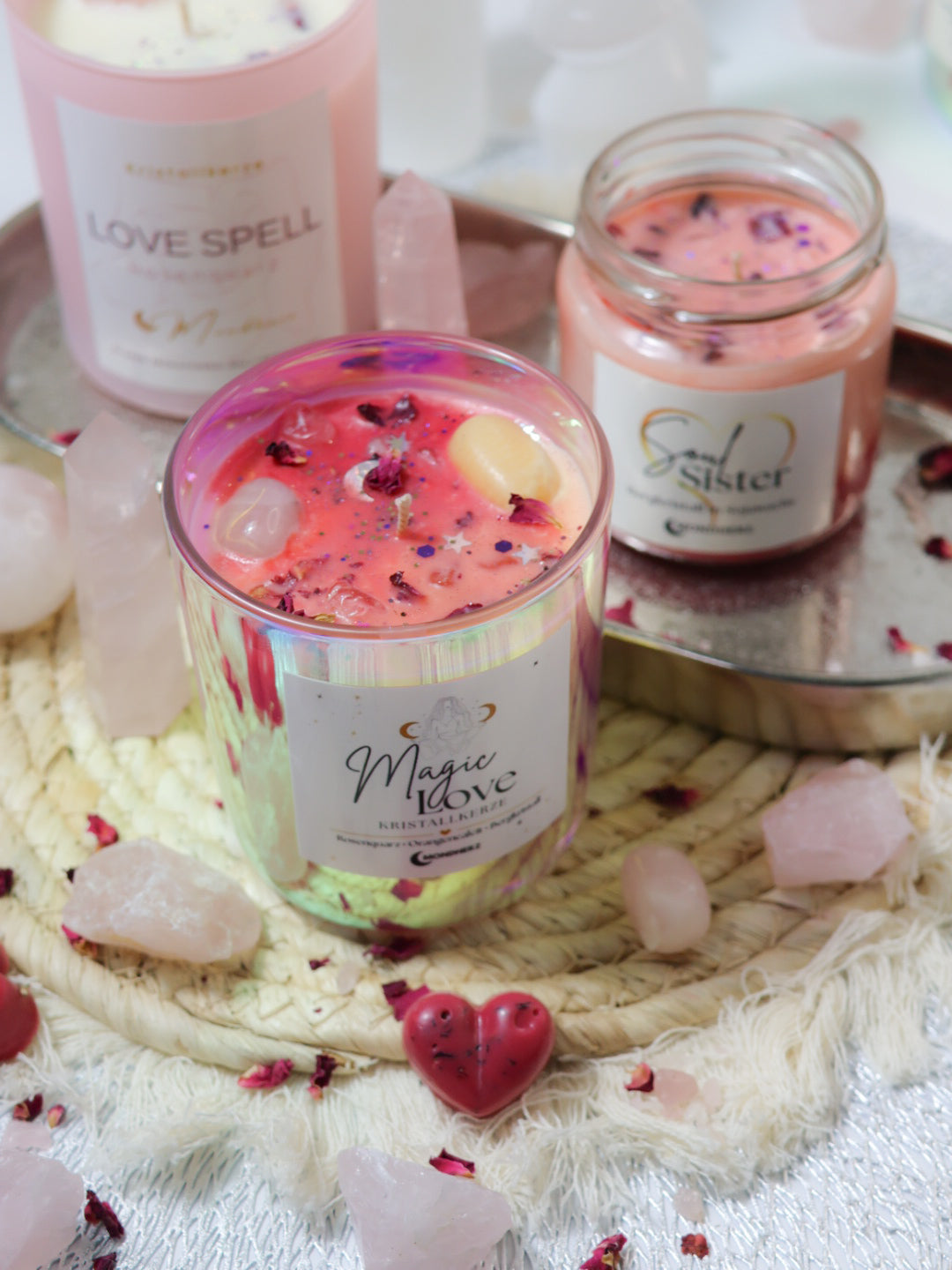 Magic Love Spirituelle Edelsteinkerze mit Rosenquarz , Love Candle , Ritualkerze Liebe
