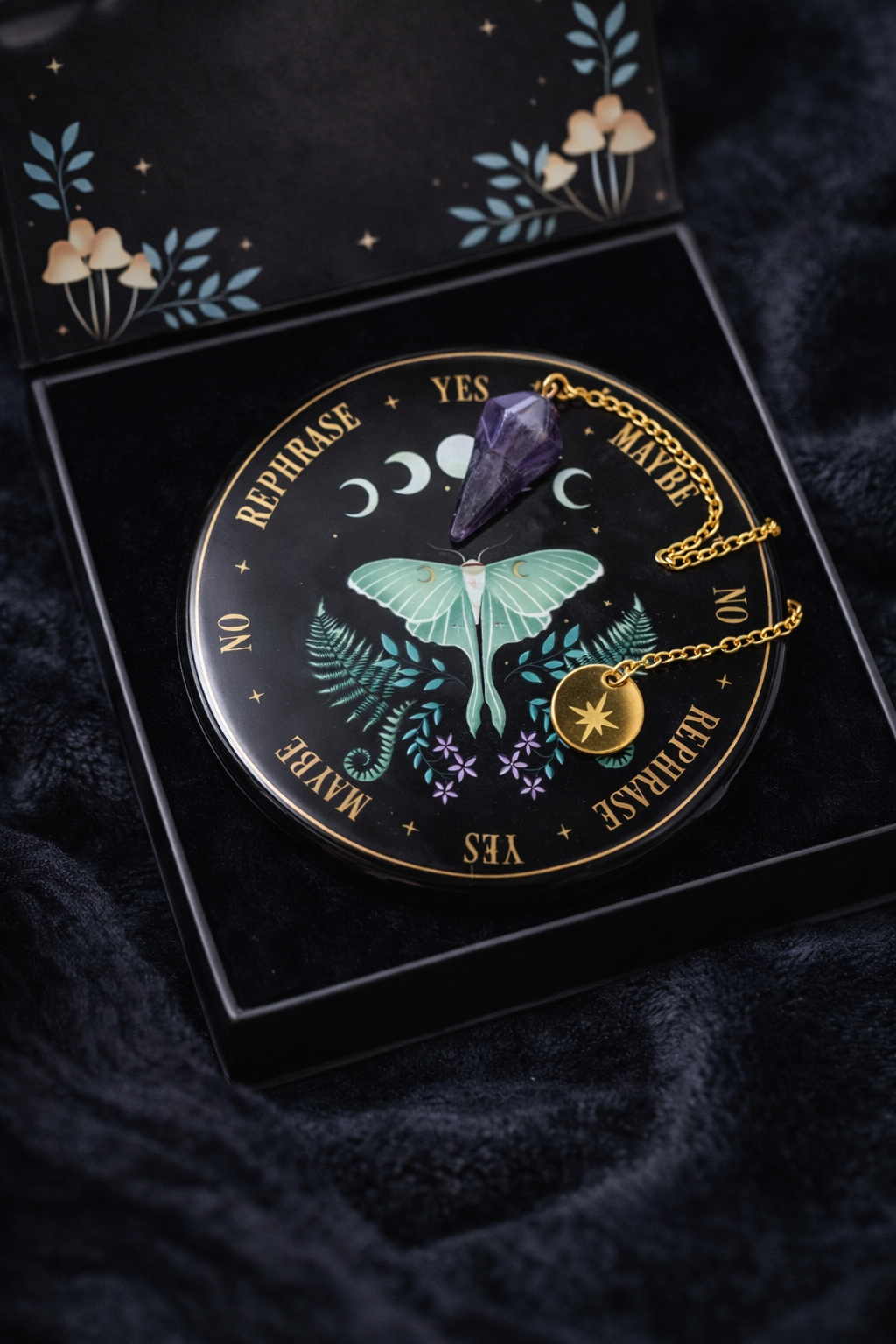 Pendel-Orakelbrett mit Amethyst-Pendel – Mond & Natur Edition