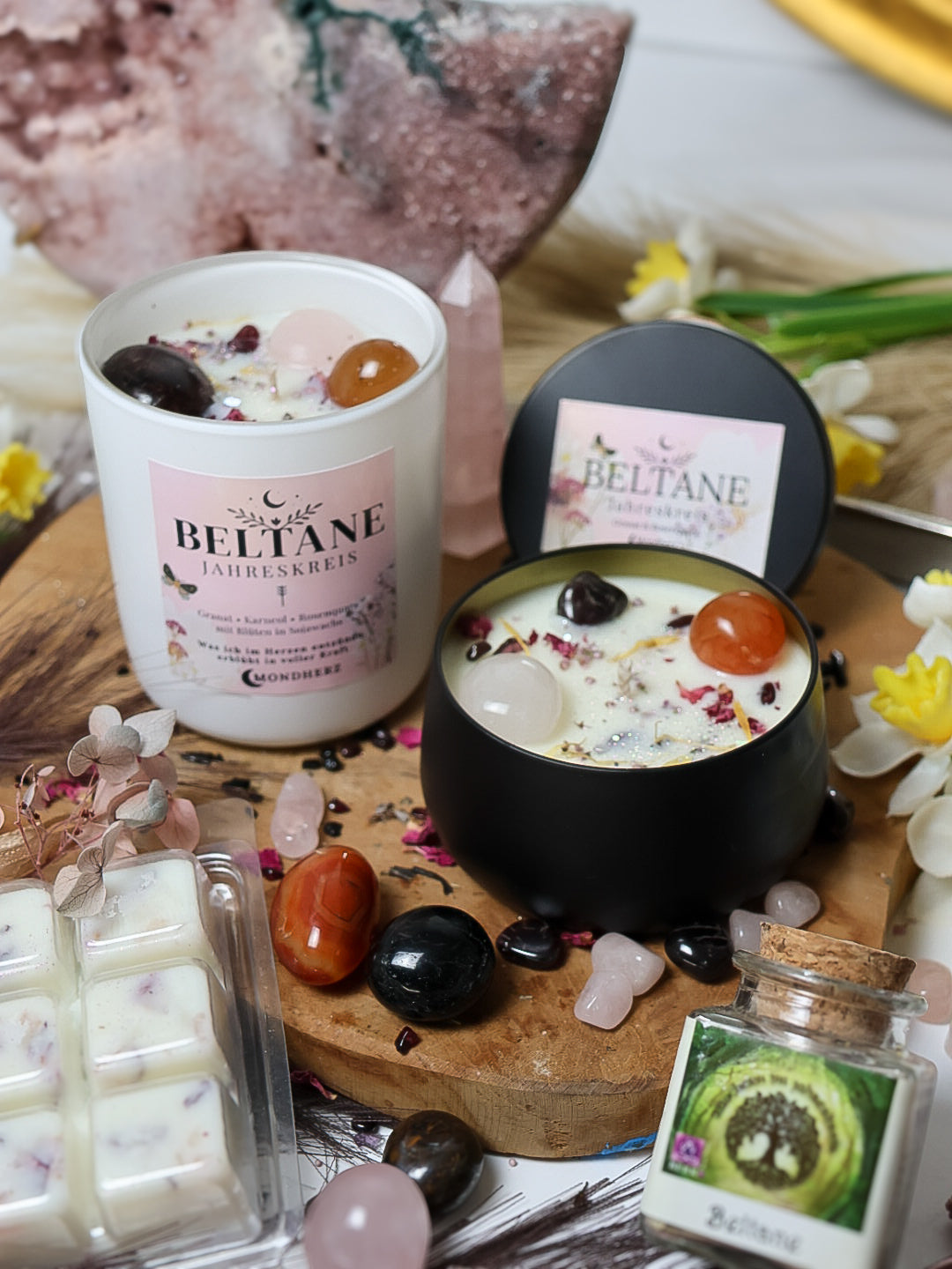 Kristallkerze BELTANE Jahreskreis mit Granat,Karneol,Rosenquarz