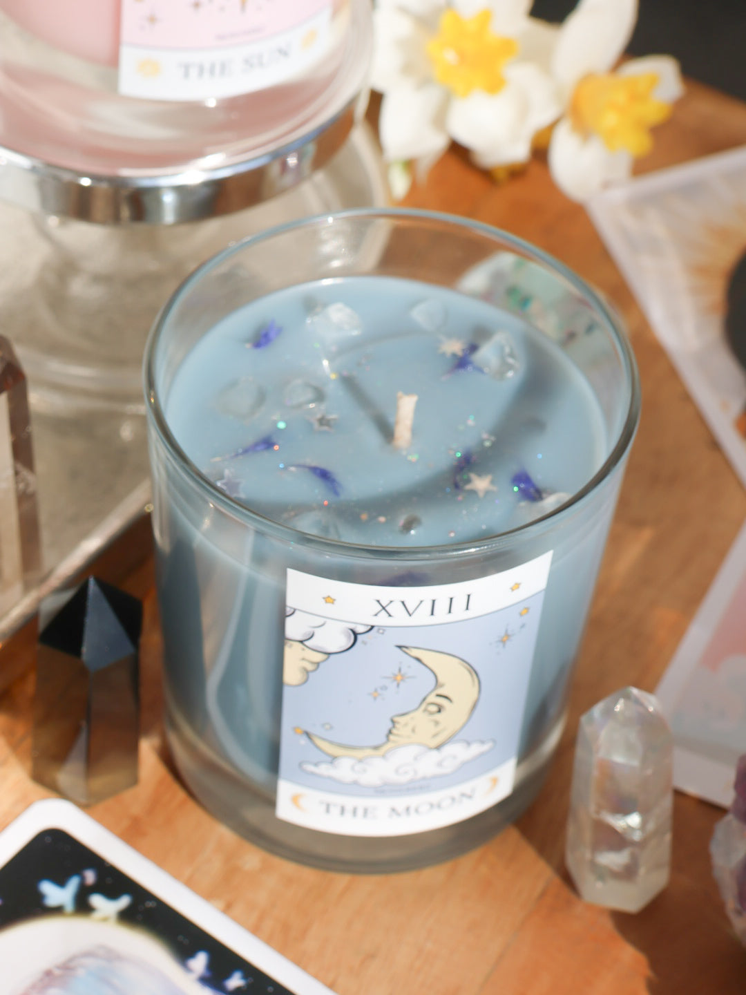 Tarotkristallkerze THE MOON mit Bergkristall