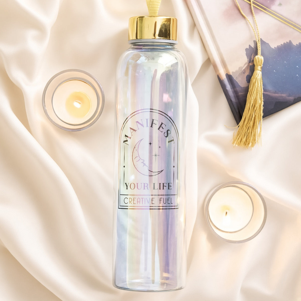 Irisierende Glaswasserflasche „Manifest Your Life“