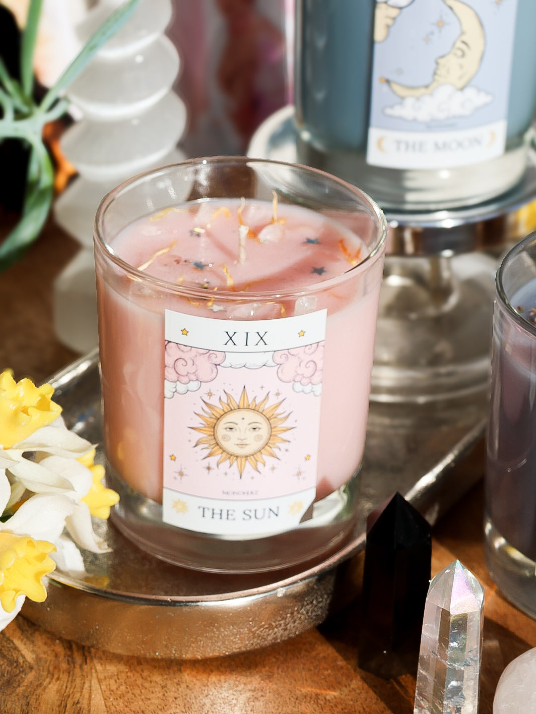 Tarotkristallkerze THE SUN mit Bergkristall