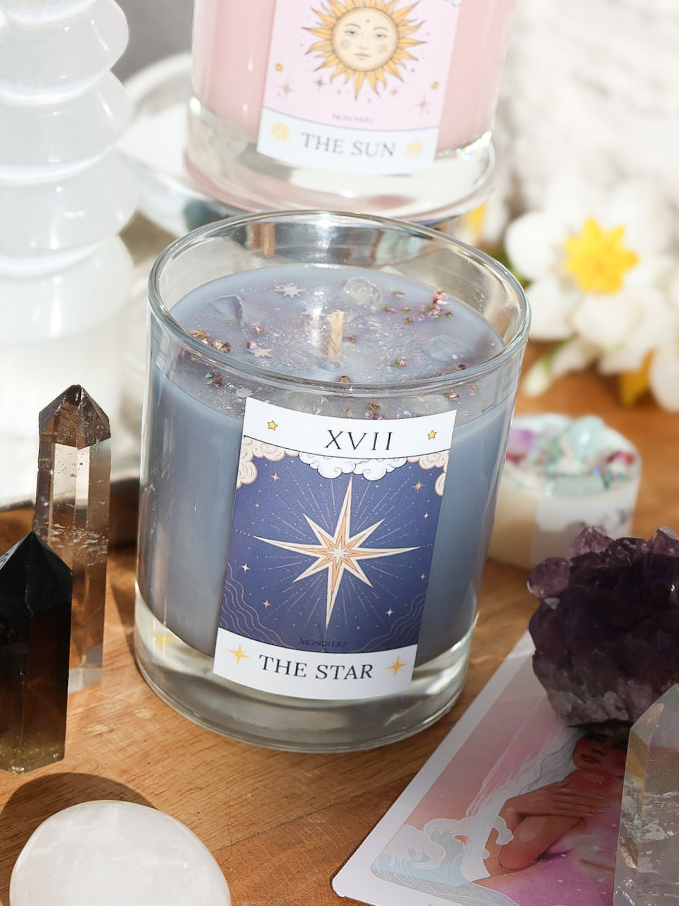 Tarotkristallkerze THE STAR mit Bergkristall