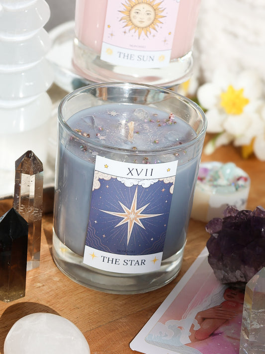Tarotkristallkerze THE STAR mit Bergkristall