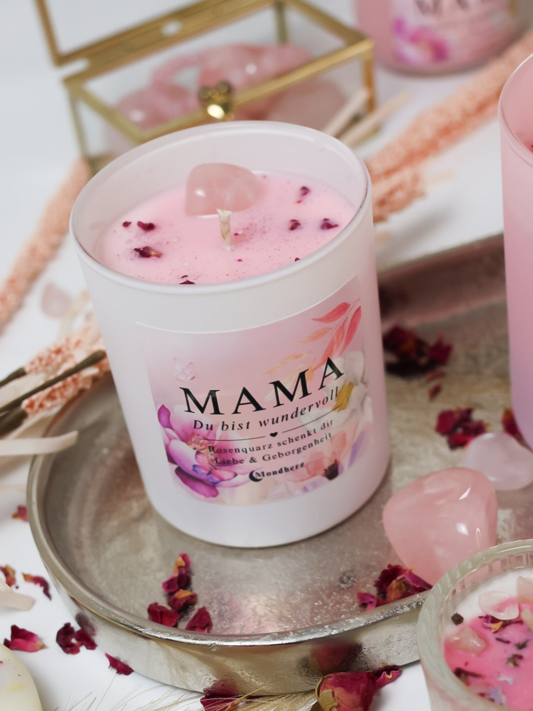 Kristallkerze MAMA du bist wundervoll mit Rosenquarz