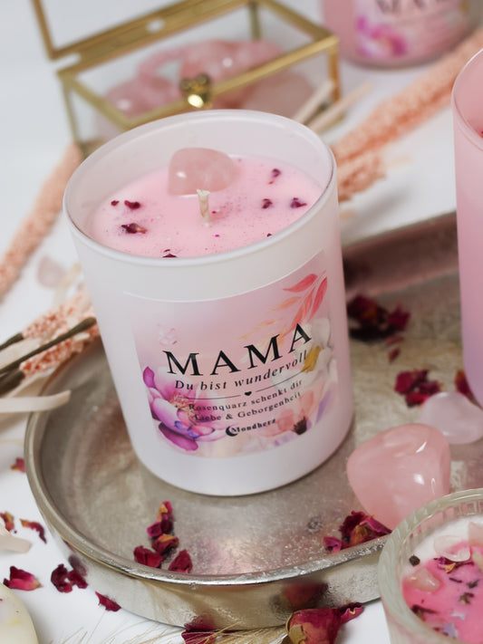 Kristallkerze MAMA du bist wundervoll mit Rosenquarz