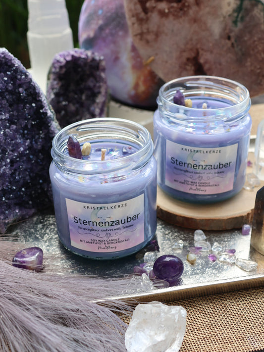 Kristallkerze Sternzauber mit Amethyst & Bergkristall