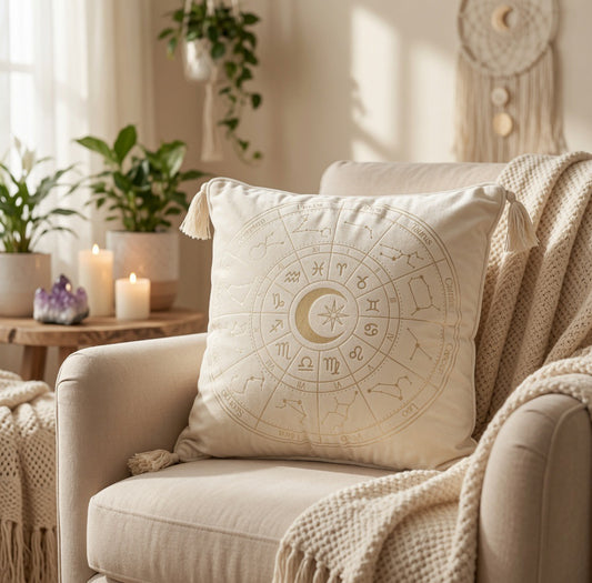Spirituelles Astrologie Kissen mit goldenem Zodiac Wheel. Perfekt für Meditation, Altar und Boho-Einrichtung. Bringe kosmische Energie in dein Zuhause!