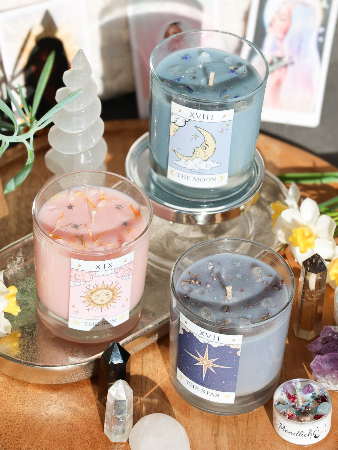 Tarotkristallkerze THE MOON mit Bergkristall