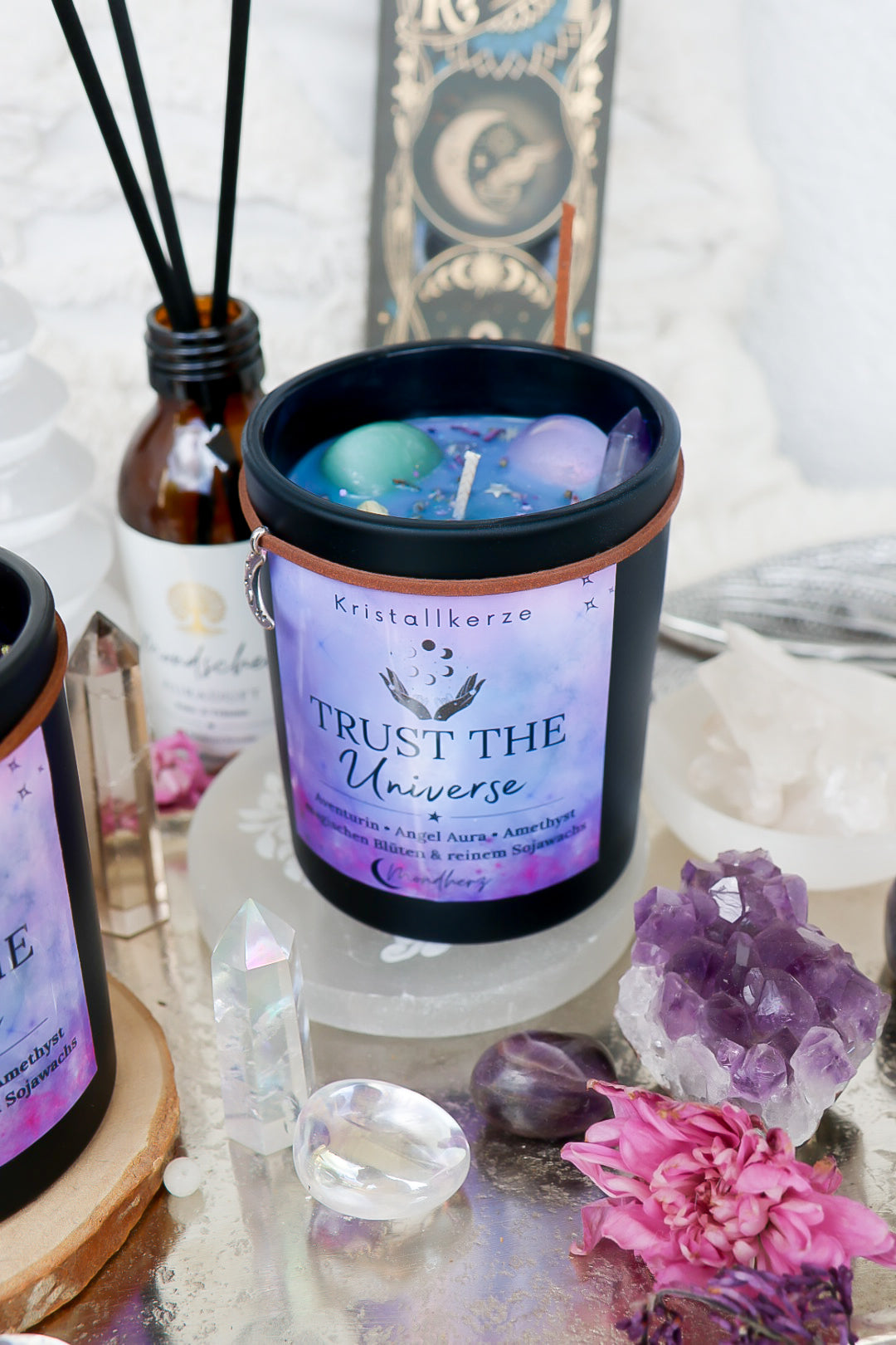 Kristallkerze Trust the Universe mit Aventurin, Angel Aura & Amethyst