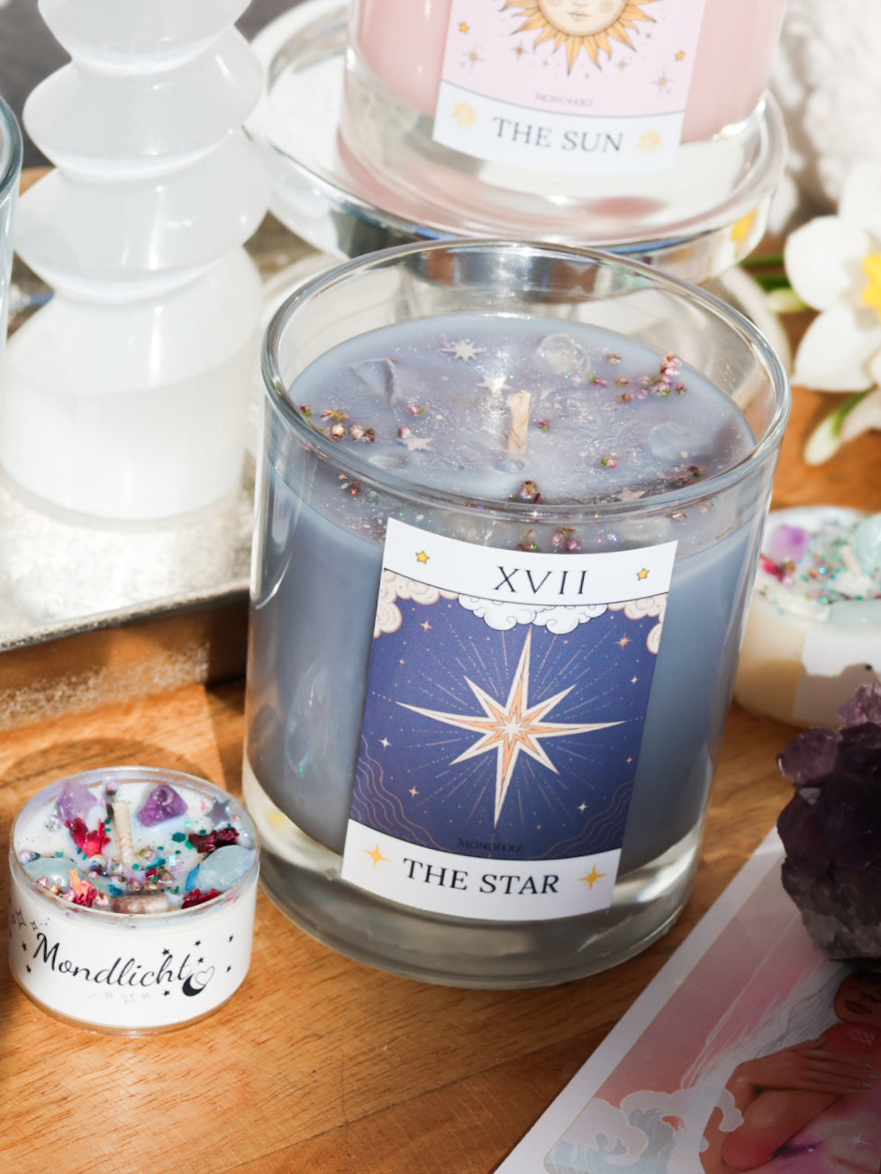 Tarotkristallkerze THE STAR mit Bergkristall
