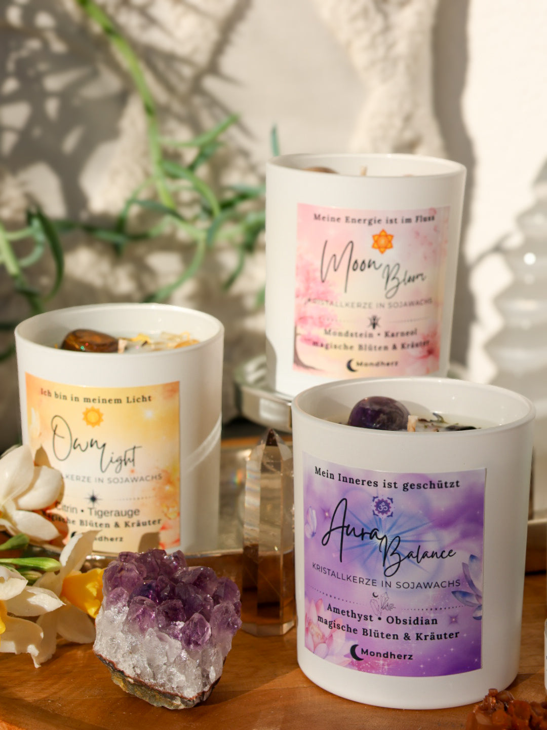 Kristallkerze Aura Balance mit Amethyst & Obsidian