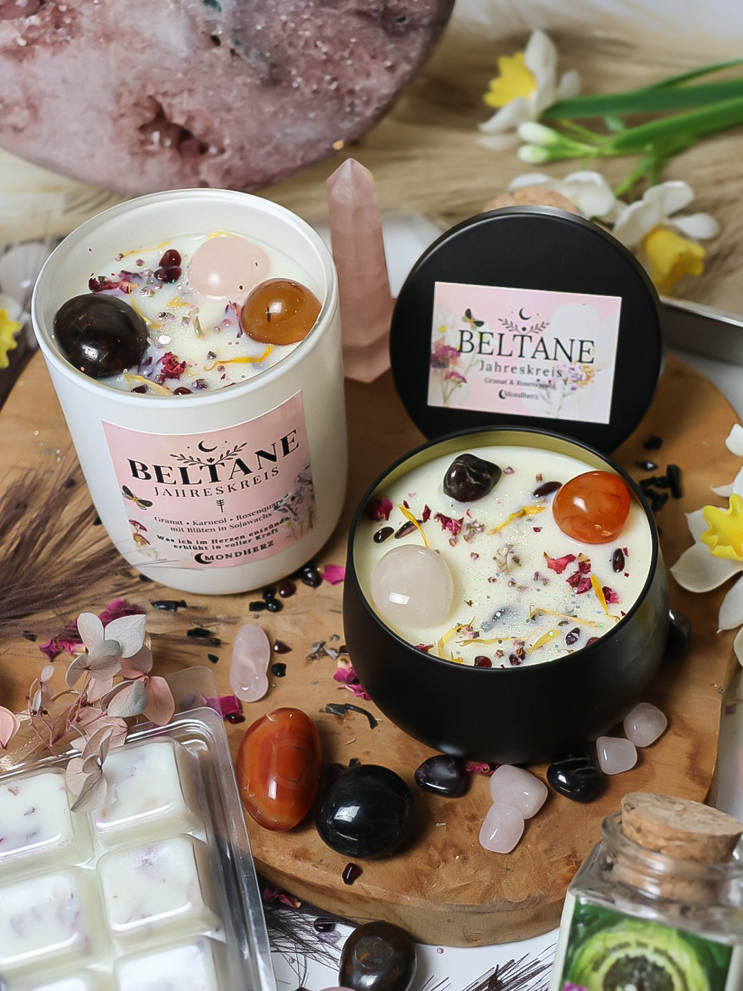 Kristallkerze BELTANE Jahreskreis mit Granat,Karneol,Rosenquarz