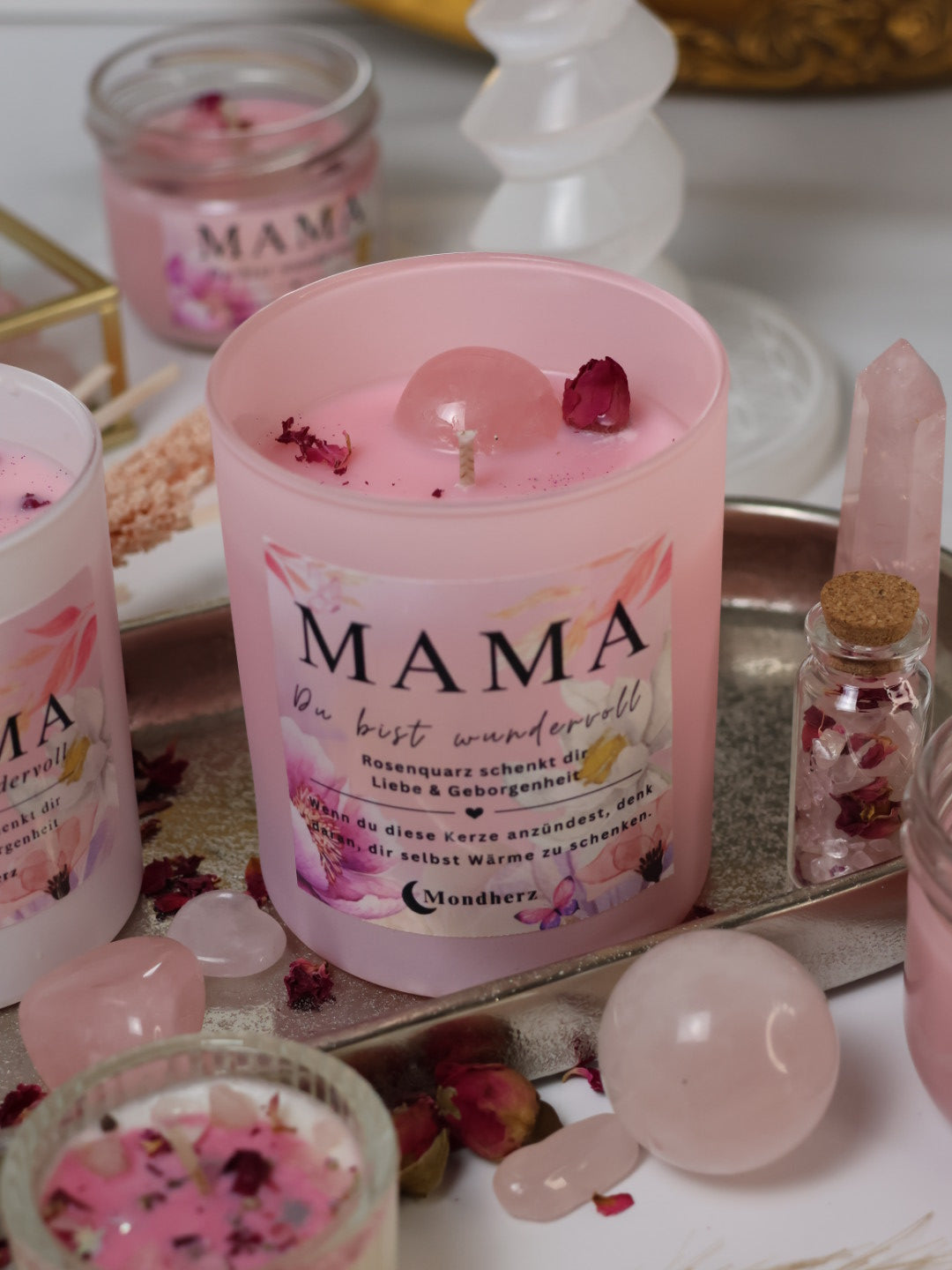 Kristallkerze MAMA du bist wundervoll mit Rosenquarz