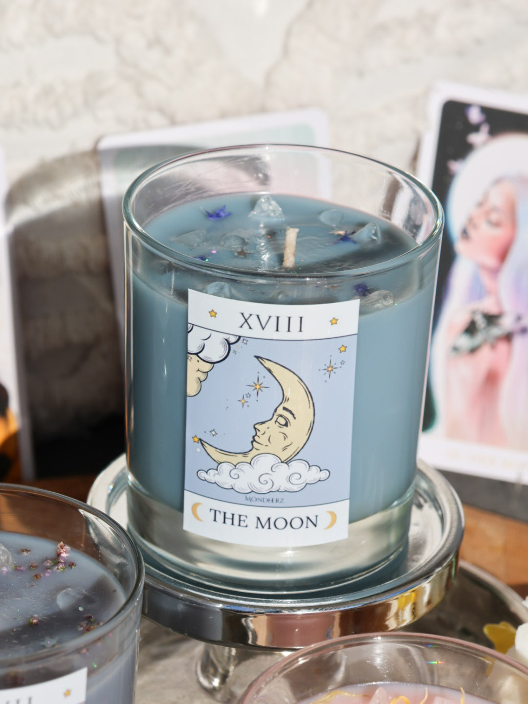 Tarotkristallkerze THE MOON mit Bergkristall