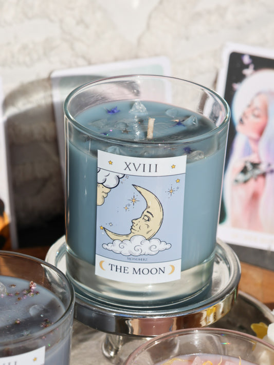Tarotkristallkerze THE MOON mit Bergkristall