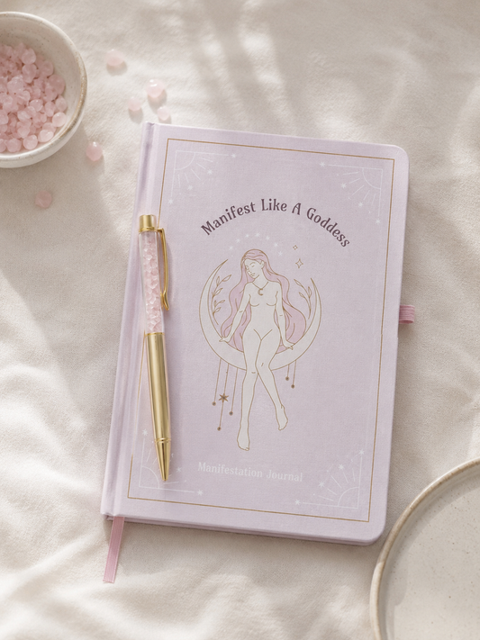 Manifestation Journal „Manifest Like A Goddess“ mit Rosenquarz-Stift