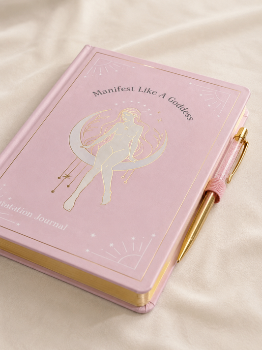 Manifestation Journal „Manifest Like A Goddess“ mit Rosenquarz-Stift