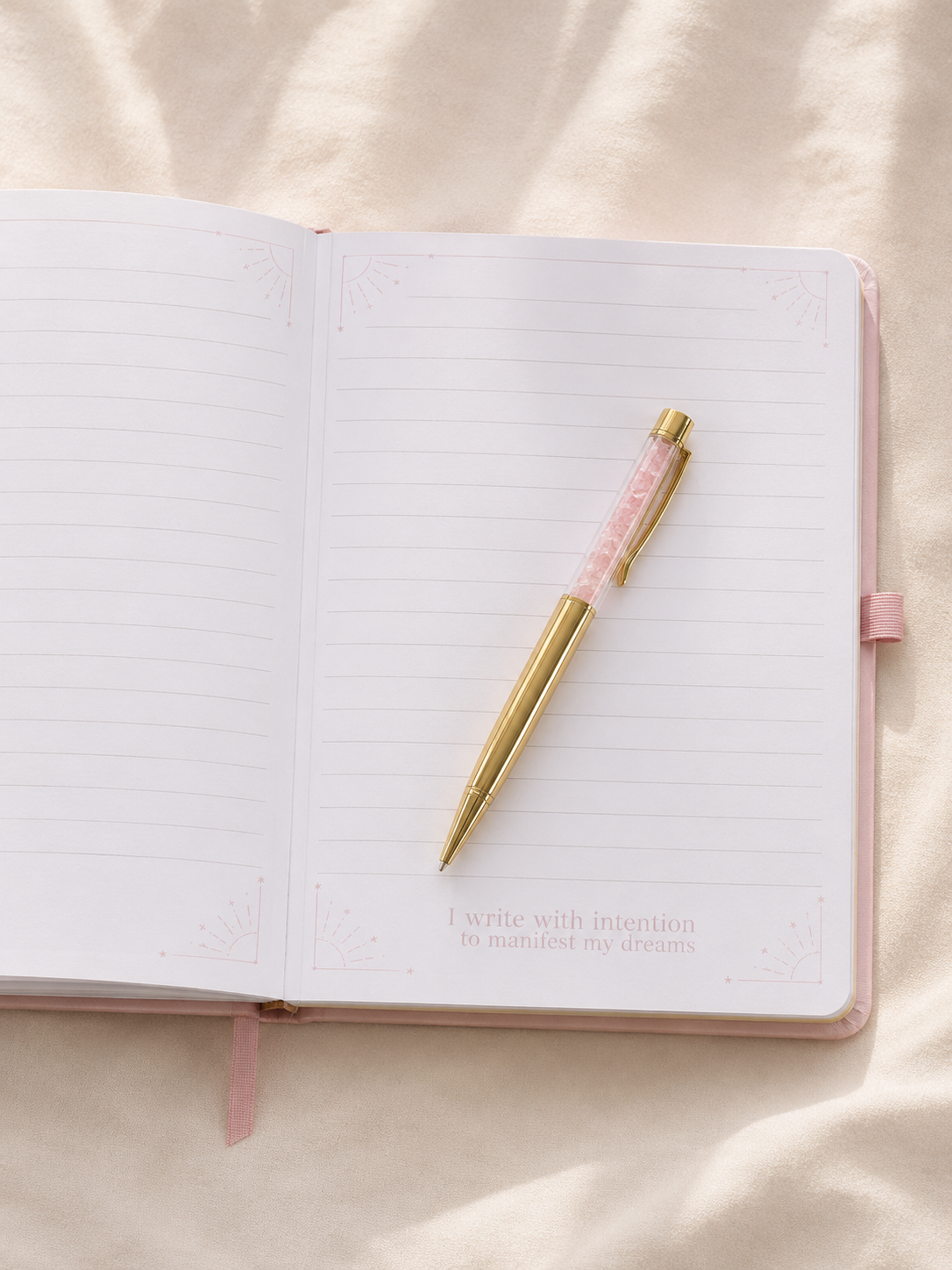 Manifestation Journal „Manifest Like A Goddess“ mit Rosenquarz-Stift