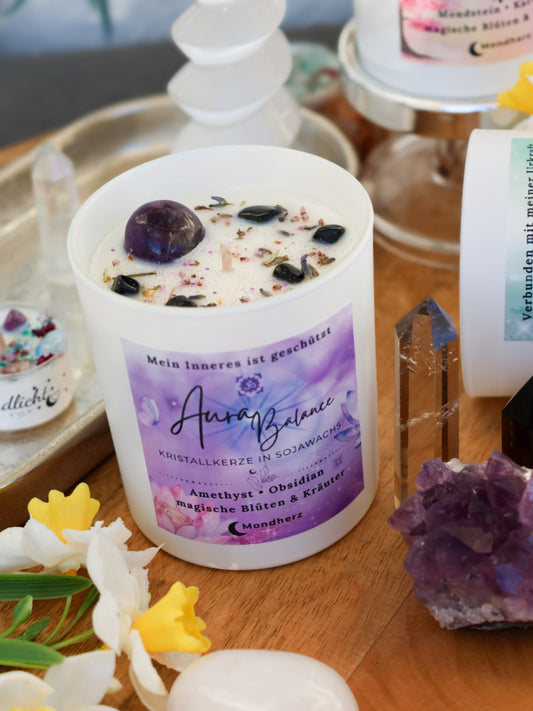 Aura Balance Kristallkerze mit Amethyst und Obsidian 