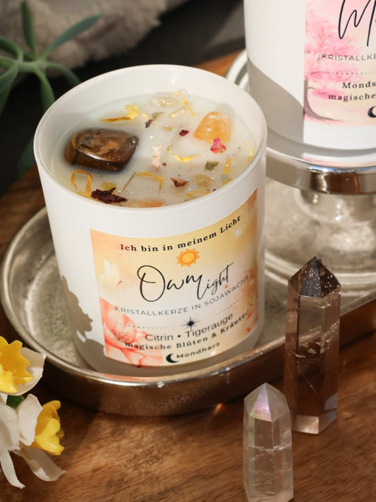 Kristallkerze Own Light mit Citrin & Tigerauge, Solarplexus Chakra 