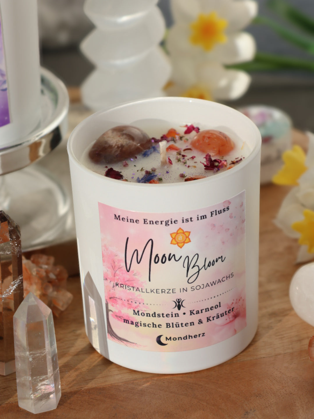 Kristallkerze Sakralchakra Moon Bloom mit Mondstein und Karneol 