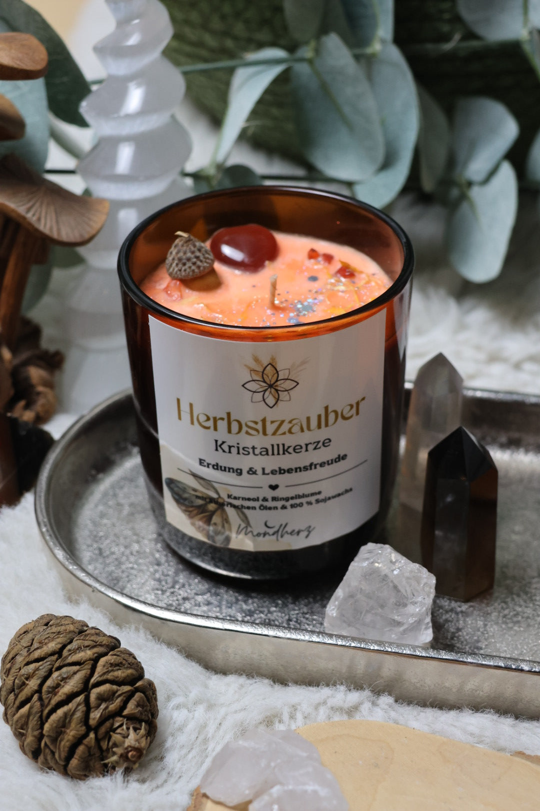 Herbstzauber Edelsteinkerze aus Sojawachs mit Karneol Herz und Blüten